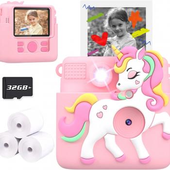 Kids Instant Print Camera, 2.4 Inch Screen 1080P Kids Camera for Girls with Flash, Christmas Birthday Gifts for Girls 3 4 5 6 7 8 9 10 Year Old with 3 Rolls of Photo Paper and a 32G Card