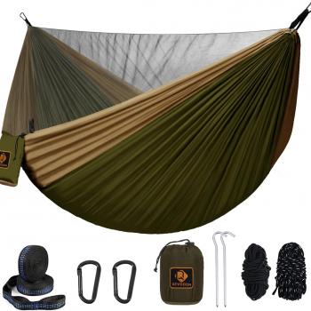 Camping Hammock, Portable Hammocks with Mosquito Net,Lightweight Nylon Parachute Hammock with 10ft Tree Straps,Camping Gear Must Haves for Travel Hiking Backpacking Beach Patio-Green&Khaki