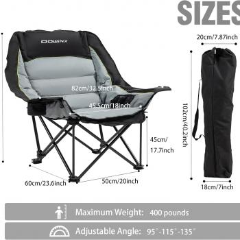 Dowinx Oversized Extra Large Camping Chair for Adults, Lawn Chairs, Folding, 3 levels adjustable Padded Camping Chair, Heavy-Duty 600D Oxford Cloth, with Cup Holder, 400 Pound Capacity, Black