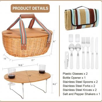 Picnic Basket for 2 with Blanket - Wicker Picnic Basket with Table | Willow Picnic Set for 2 Person with Large Insulated Cooler | Wicker Hamper with Cutlery Service Kit | Gift Basket for Christmas