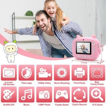 Instant Print Camera for Kids, Digital Camera for Kids,1080P Video Camera with Color Pens,Print Papers-Birthday Gift for Boys Girls Age 6-14(Pink)