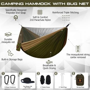 Camping Hammock, Portable Hammocks with Mosquito Net,Lightweight Nylon Parachute Hammock with 10ft Tree Straps,Camping Gear Must Haves for Travel Hiking Backpacking Beach Patio-Green&Khaki