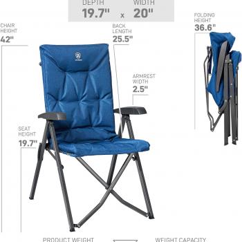 EVER ADVANCED Folding Padded Camping Chair 4 Positon Adjustable Recliner with High Back Support Portable for Adults, 300lbs Weight Capacity, Blue