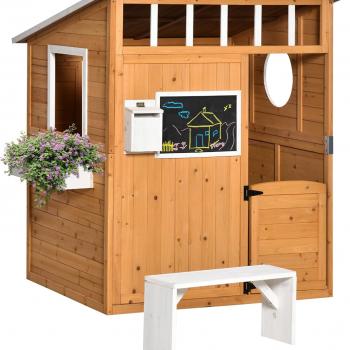 Outsunny Wooden Playhouse for Kids Outdoor with Working Door, Windows, Mailbox, Bench, Flowers Pot Holder, 48" x 42.5" x 53