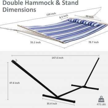 SUNCREAT Two Person Hammock with Stand Heavy Duty, Free Standing Hammocks Outdoors for 2 Person, Max 475lbs Capacity, Blue Stripes