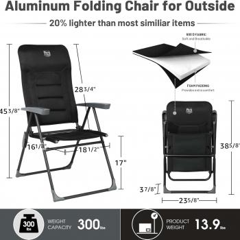 TIMBER RIDGE Adjustable Folding Patio High Back for Adults Lightweight Aluminum Padded Lawn Chair for Outside, Heavy Duty Supports 300 LBS, Black