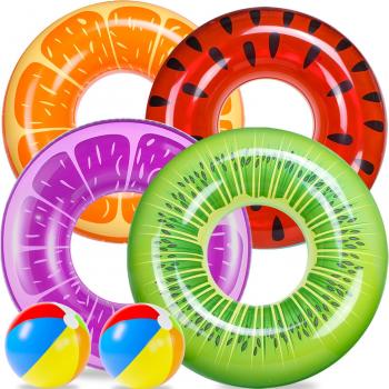 FindUWill 6 Pack Pool Floats Kids, Pool Swim Tubes Rings(4 Pack) - 4Pcs Inflatable Big Floaties Beach Swimming Toys with 2Pcs Beach Balls for Adults Raft Floaties Toddlers