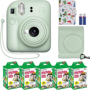 Fujifilm Instax Mini 12 Instant Camera Mint Green + MiniMate Accessory Bundle & Compatible Custom Case + Fuji Instax Film Value Pack (50 Sheets) Flamingo Designer Photo Album