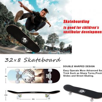 Skateboards for Beginners, 32"X8" Inch Standard Complete Skateboard for Adults Youths Teens Kids Girls Boys 8 Layer Canadian Maple Double Kick Concave with Skate Tool