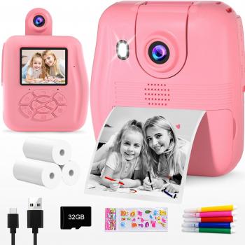 GKTZ Kids Camera Instant Print - 1080P HD Instant Print Photo - Christmas Birthday Gifts for Age 4 5 6 7 8 9 10 Girls Boys - Portable Toy with 32GB Card, 3 Rolls Photo Paper, 5 Color Pens - Pink