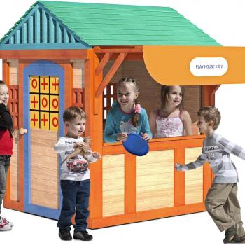 Wooden Cottage Kids Playhouse, Outdoor Playhouse for Age 3-8 Years Boy Girl with Awning Window, Ball Wall, Dart Throwing & Tetris, Playset for Outdoor Garden, Lawn, Backyard