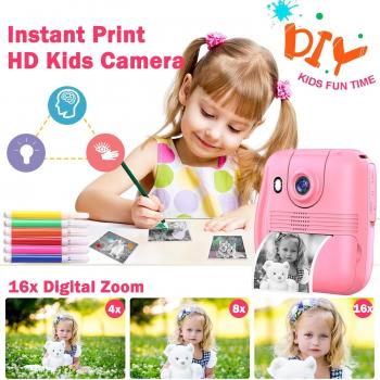 Instant Print Camera Gift for Kids Age 3-12 Girls Boys, 1080P HD Selfie Digital Camera, 12MP Kids Print Camera Toy with 180°Rotatable Camera, 16X Digital Zoom, 32GB TF Card, Colored Pens (Pink)