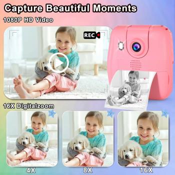 GKTZ Kids Camera Instant Print - 1080P HD Instant Print Photo - Christmas Birthday Gifts for Age 4 5 6 7 8 9 10 Girls Boys - Portable Toy with 32GB Card, 3 Rolls Photo Paper, 5 Color Pens - Pink