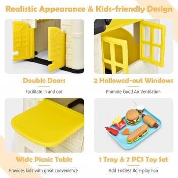 Costzon Playhouse for Kids, Outdoor Garden Games Cottage w/Working Doors & Windows, Pretend Toy House w/Picnic Table, 7 PCS Toy Set & Tray, Waterproof Cover, Gift for Boys & Girls Ages 3+ (Yellow)