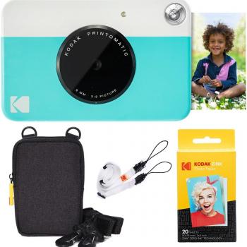 Kodak Printomatic Instant Camera (Blue) Basic Bundle + Zink Paper (20 Sheets) + Deluxe Case