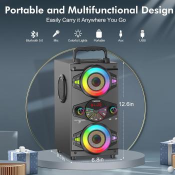 Bluetooth Speakers, 60W Portable Wireless Loud Outdoor Home Party Bluetooth Speaker with Subwoofer, FM Radio, LED Colorful Lights, Microphone, Remote and Big Powerful Stereo Deep Bass Sound Boombox