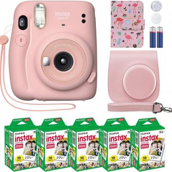 Fujifilm Instax Mini 11 Instant Camera Blush Pink + Custom Case + Fuji Instax Film Value Pack (50 Sheets) Flamingo Designer Photo Album for Photos