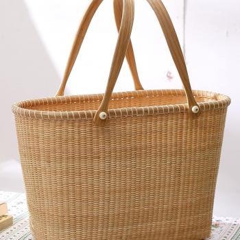 Nantucket with Handle Tall Tote Office Tote Handmade Cane-on-cane Weave Tote Handbags Picnic Baskets Large Tote Bag for Women Top Handle Handbag With Home Outdoor Storage