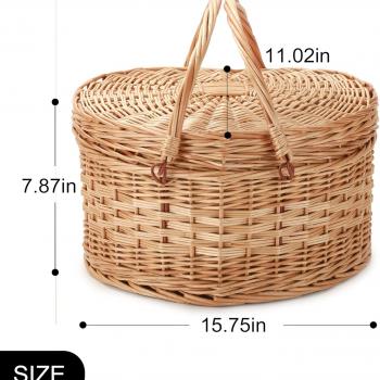 Picnic Basket for 2 Picniking heart shaped Empty Woven Wicker Willow Wood Hamper Backpack Box with Lid Cover Handle Accessories Vintage Wine Baskets for Women Bin