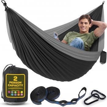 Durable Hammock 500 lb Capacity, Nylon Camping Hammock Chair - Double or Single Sizes w/Tree Straps and Attached Carry Bag - Portable for Travel/Backpacking/Beach/Backyard (Large, Black & Light Grey)