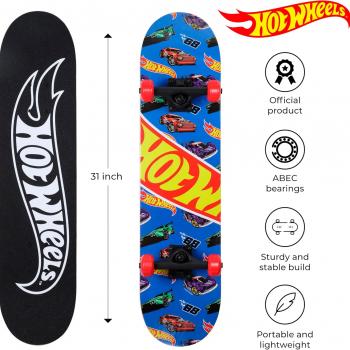 Hot Wheels 31 inch Skateboard, 9-ply Maple Desk Skate Board for Cruising, Carving, Tricks and Downhill