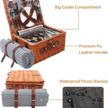 Willow Picnic Basket for 4 Persons with Insulated Compartment, Picnic Basket Sets with Utensils Cutlery Perfect for Valentine Day Wedding, Wicker Hamper for Outdoor Patio Lawn Garden Picnic & Camping