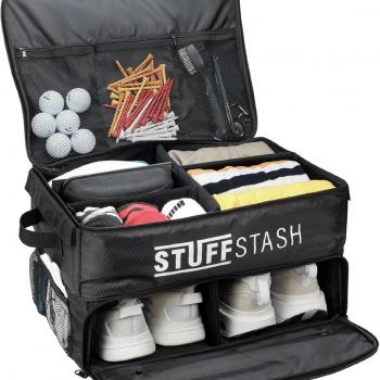 Golf Trunk Organizer - With Two Shoe Compartments, Dividers, Storage for Tees, Gloves, Balls and More - Store Accessories in Your Car or SUV - Golfer Gift Essentials for Men and Women