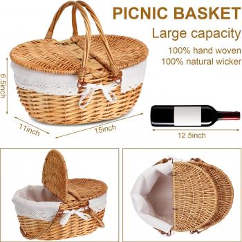 Picnic Basket with Foldable Wine Table Kit, Handmade Wicker Basket with Lid Handle Portable Bamboo Tray Table for 2 Outdoor Camping Picnic Wine Set Gift for Couples