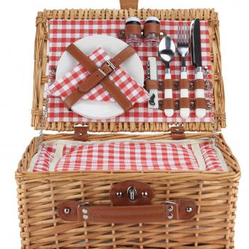 ZORMY Wicker Picnic Basket for 2 Person, Willow Hamper Basket Sets with Insulated Compartment, Handmade 2 Person Picnic Basket Classical Red Check with Utensils Cutlery Perfect for Picnic, Camping