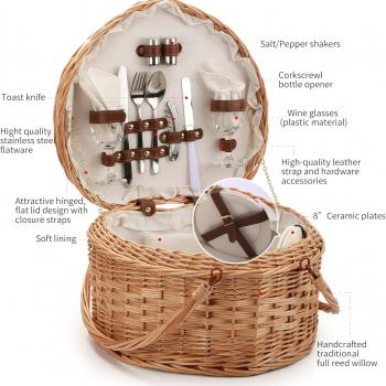 Picnic Basket for 2 Picniking heart shaped Empty Woven Wicker Willow Wood Hamper Backpack Box with Lid Cover Handle Accessories Vintage Wine Baskets for Women Bin