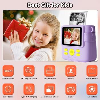 GKTZ Instant Print Camera for Kids - 1080P HD Instant Print Photo - Christmas Birthday Gifts for Age 4 5 6 7 8 9 10 Girls Boys - Portable Toy with 3 Rolls Photo Paper, 32GB Card, Color Pens - Purple