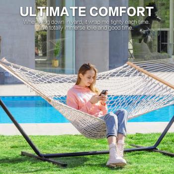 PNAEUT Double Rope Hammock with Stand Included, 12ft Heavy Duty Stand, 2 Person Traditional Cotton Rope Hammocks with Pillow for Outside Porch Patio Backyard Outdoor, Max 475lbs Capacity (Burlywood)