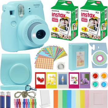 Fujifilm Instax Mini 9 Instant Camera Ice Blue with Carrying Case + Fuji Instax Film Value Pack (40 Sheets) Accessories Bundle, Color Filters, Photo Album, Assorted Frames, Selfie Lens + More