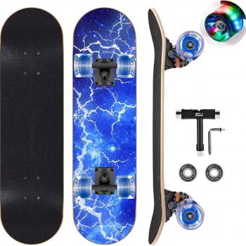 Skateboards with Colorful Flashing Wheels for Beginners,Kids,Teens,Adults, Complete Standard Skate Boards 9 Layer Canadian Maple Deck Concave Skateboard