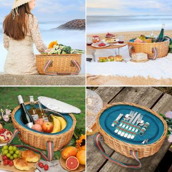 Picnic Basket for 2 with Blanket - Wicker Picnic Basket with Table | Willow Picnic Set for 2 Person with Large Insulated Cooler | Wicker Hamper with Cutlery Service Kit | Gift Basket for Christmas