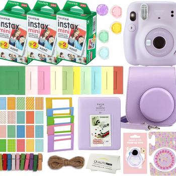 Fujifilm Instax Mini 11 Instant Camera with Case, 60 Fuji Films, Decoration Stickers, Frames, Photo Album and More Accessory kit (Charcoal Grey)… (Lilac Purple)