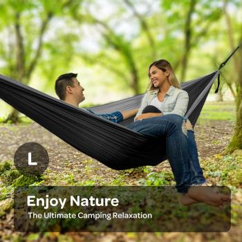 Durable Hammock 500 lb Capacity, Nylon Camping Hammock Chair - Double or Single Sizes w/Tree Straps and Attached Carry Bag - Portable for Travel/Backpacking/Beach/Backyard (Large, Black & Light Grey)