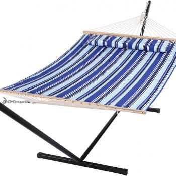 SUNCREAT Two Person Hammock with Stand Heavy Duty, Free Standing Hammocks Outdoors for 2 Person, Max 475lbs Capacity, Blue Stripes