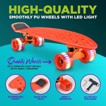 'Standard Skateboard Mini Cruiser - 6'' PP Deck Complete Double Kick Skate Board w/ 3.25'' Aluminum Alloy Truck, PU Wheels w/LED Light - for Kids, Teens, Adults'