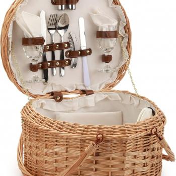 Picnic Basket for 2 Picniking heart shaped Empty Woven Wicker Willow Wood Hamper Backpack Box with Lid Cover Handle Accessories Vintage Wine Baskets for Women Bin