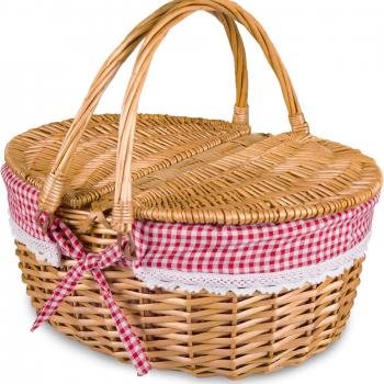 Wicker Picnic Basket with Lid and Handle Sturdy Woven Body with Washable Plaids Liner,Red