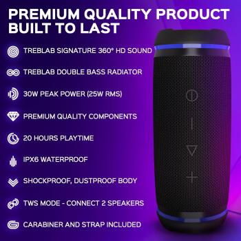 TREBLAB HD77 - Wireless Bluetooth Speaker - 30W Stereo, 20H Battery, IPX6 Waterproof, TWS Mode, Portable Speaker with Shockproof/Dustproof Body