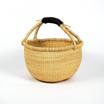 Market Basket, Handmade in Ghana by Women Artisans, Natural, MEDIUM, 13"-15" Diameter x 8"-9" H, BLACK HANDLE (1 basket)