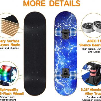 Skateboards with Colorful Flashing Wheels for Beginners,Kids,Teens,Adults, Complete Standard Skate Boards 9 Layer Canadian Maple Deck Concave Skateboard