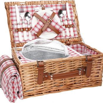 Wicker Picnic Basket Set for 2 Persons with Waterproof Picnic Blanket and Large Insulated Cooler Compartment, Willow Picnic Hamper Basket with Cutlery Service Kits for Camping, Wedding, Anniversary