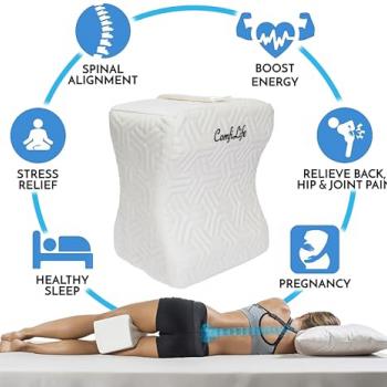 ComfiLife Knee Pillow for Side Sleepers – Cooling Leg Pillow for Side Sleeping – Knee Pillow with Strap for Hip Pain, Back Pain, Sciatica Pain Relief – Memory Foam Hip Pillow Contour Design