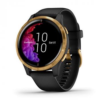 Garmin 010-02173-31 Venu, GPS Smartwatch, Bright Touchscreen Display, Features Music, Body Energy Monitoring, Animated Workouts, Pulse Ox Sensor and More, Gold with Black Band