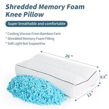 HOMBYS Shredded Memory Foam Knee Pillow for Side Sleepers, 6.5" Height Pillow Between Legs for Aligns Spine & Relieves Pressure Hip & Leg Elevation, Supportive Pillow for Pregnancy, Sciatica, White