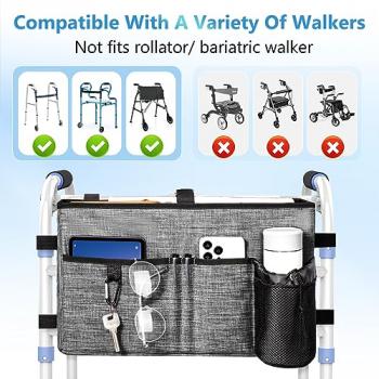 Rhino Valley Walker Bag, Multi Pockets Folding Walker Basket Tote Bag with Cup Holder, Hand-Free Carry Pouch Storage Bag for Universal Walkers, Large Capacity Organizer for Seniors Elderly, Gray