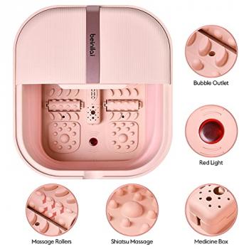 Beinilai Foot Bath Spa with Heat, Bubble Massage and Vibration,Collapsible Foot Soak Tub,2 Feet Rollers, Acupressure Massage Points, Red Light and Foot Scrubber, Pedicure Foot Spa for Women(Pink)